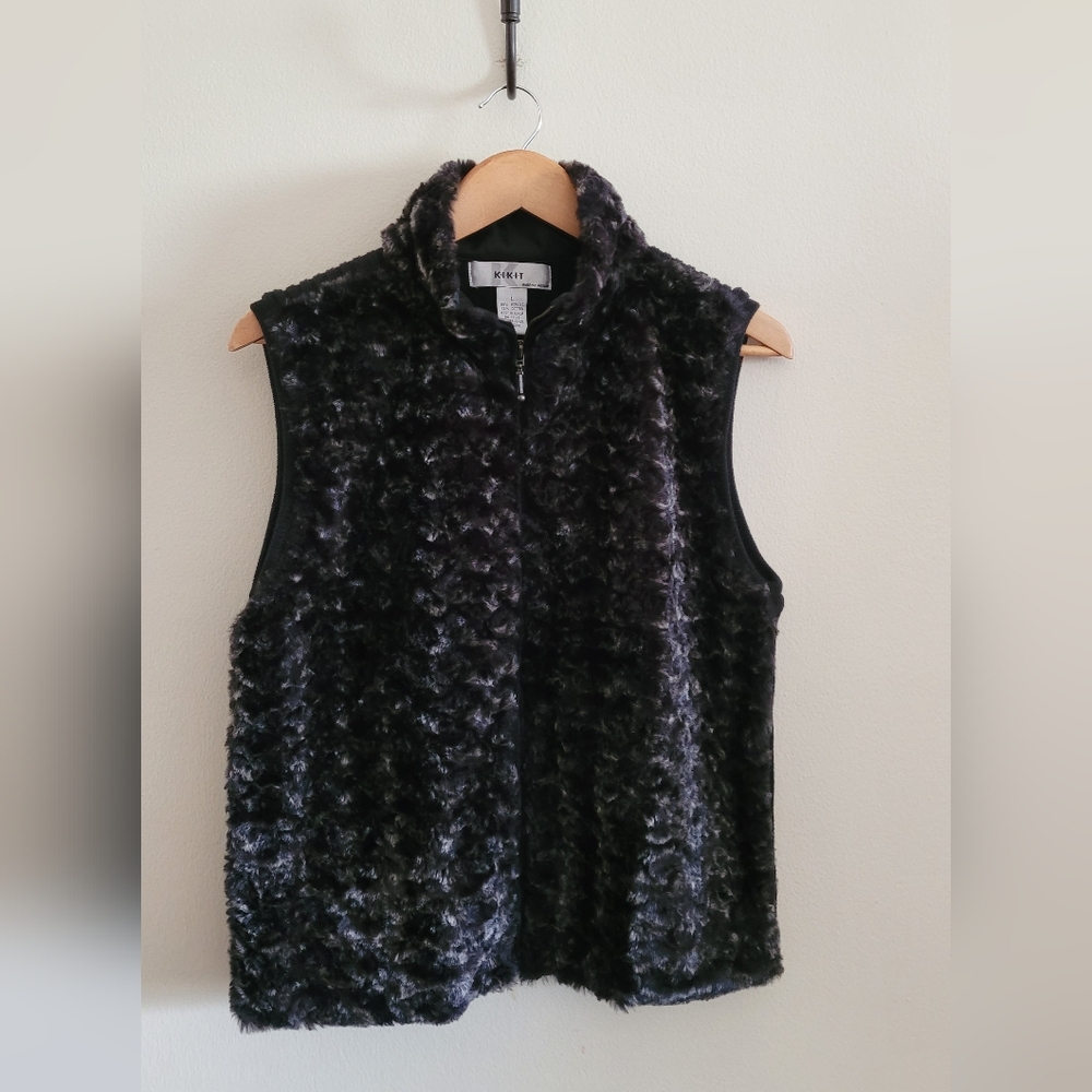 Vtg Kikit Faux Fur and Ribbed Full Zip Sweater Vest, Women's L, Black.